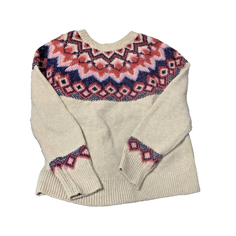 Women’s Fair Isle Wool Sweater Ivory Multicolor Diamond Pattern Sz M Nordiccore